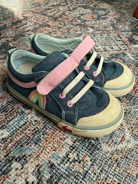 See Kai Run Denim Sneakers with Pink Strap and Rainbow Accent
